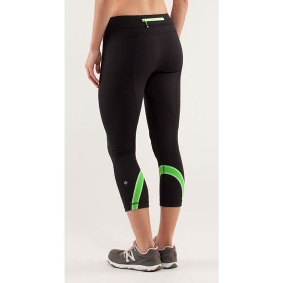 Lululemon Run Inspire Crop‎ II Leggings Black & Green Women's Size 6 Rel.11/2012 - Picture 1 of 6